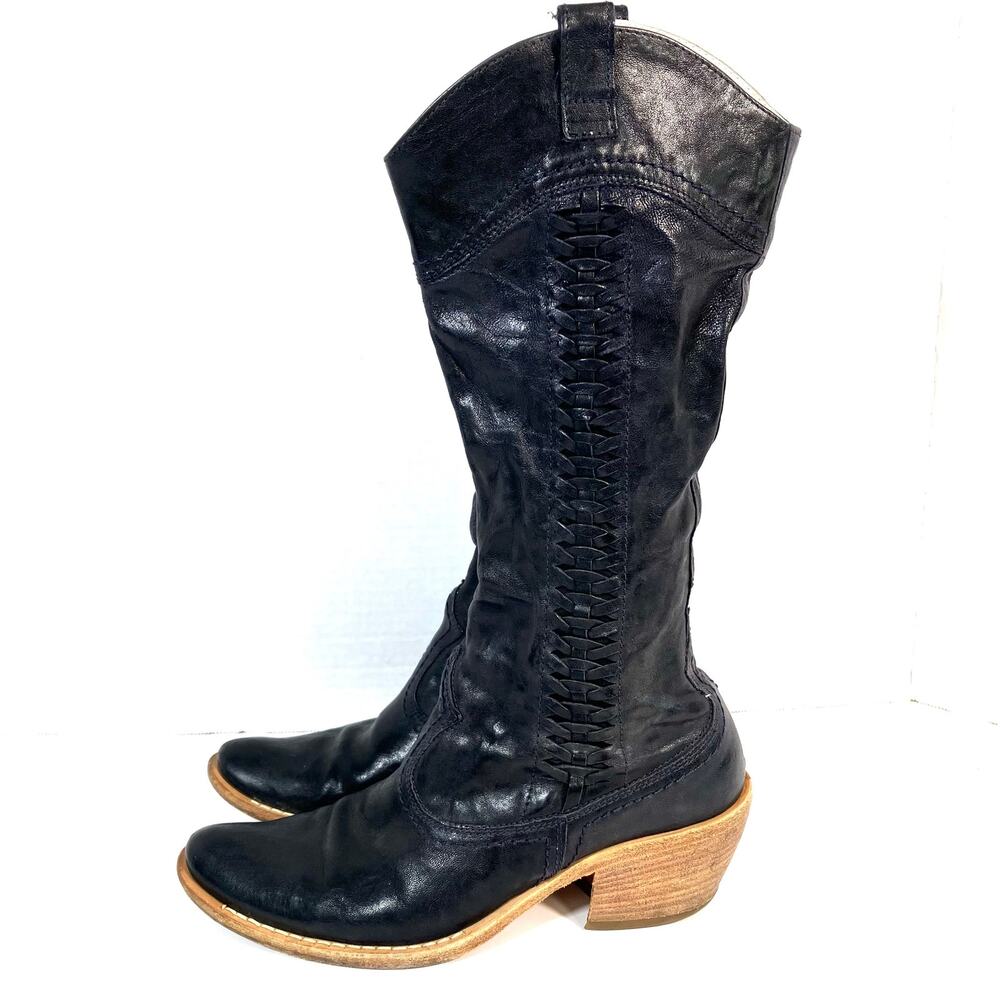 Nero Giardini Sz 36.5 Black Leather Cowgirl Western Style Mid Calf Boots
